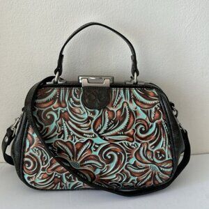 Patricia Nash Turquoise Framed Gracchi Tooled Brntl Leather Crossbody Handbag